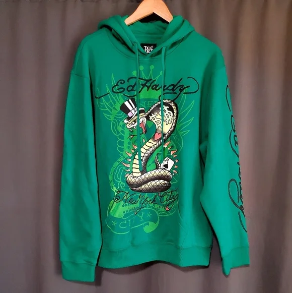 Ed Hardy Green New York City Snake Poker Graphic Hoodie Size XL NWT - Picture 1 of 9